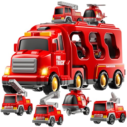 KIZONLY Fire Truck Toys for Toddler 1-3 3-5, 5-in-1 Fire Car Carrier Vehicle Set for Girls 1 2 3 4 5 6 Years Old, Transport Car with Light Sound, Birthdays Gifts for Kids Girls Aged 3-9