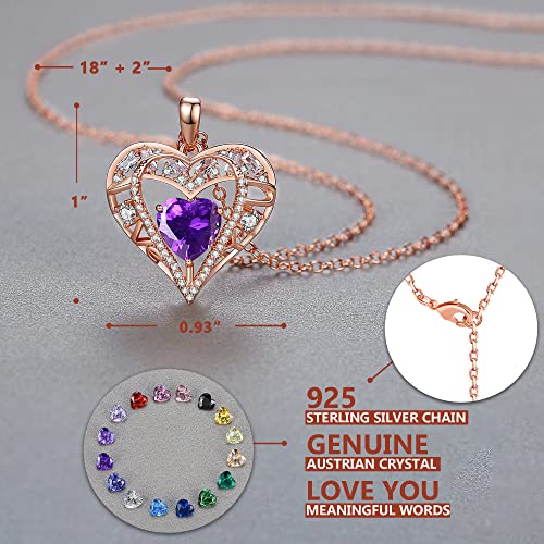 Gemmance 5 Heart Crystal Pendant Necklace - 925 Sterling Silver Chain - 18K Rose Gold Plated - Deep Violet - 18”+2” Birthstone Jewelry For Women And Girls - Gifts For Birthday, Christmas #TOP2