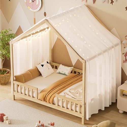 Image of Bellemave Full House BedFrame with Canopy, Montessori Floor Bed, House Bed with Rails for Kids, Natural