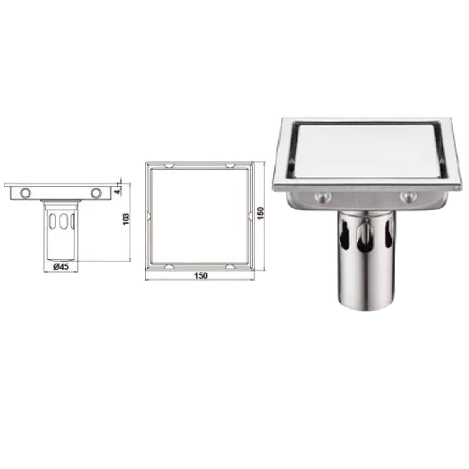 Bonde Douche Acier Inoxydable Siphon Douche Carré Bonde de Douche Caché Bonde Douche Extra Plate Couleur Brossée Siphon de Sol 150 * 150mm Convient pour Balcon, Salle de Bain, Cuisine