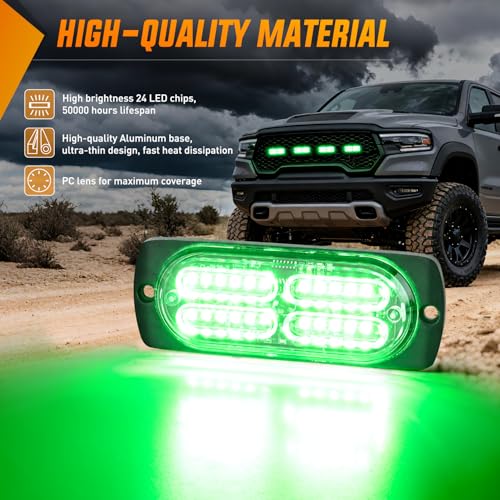 Image of Nilight 4PCS 24LED Green Strobe Light 12V /24V Grille Surface Mount | Hazard Safety Warning Light with Sync Feature for Car Truck Camper Side Marker Aluminum Alloy Base Emergency Lights