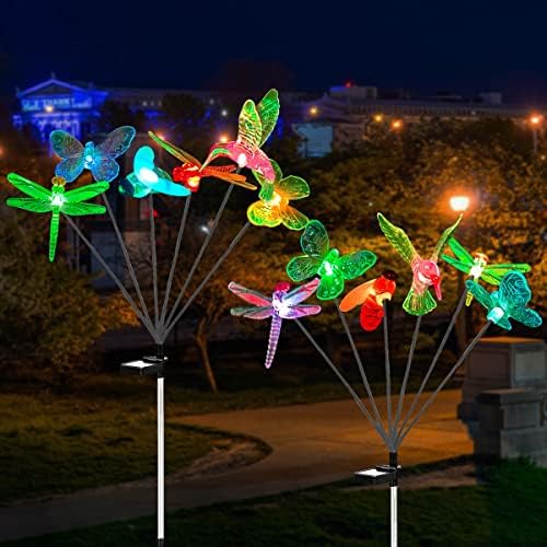 Solar Outdoor Lights Waterproof Color Changing Garden Firefly Lights, Solar Powered Hummingbird Butterfly Dragonfly Honeybee Figurine Stake Lights for Fence Yard Gardens Flowerbed Christmas -2 Pack