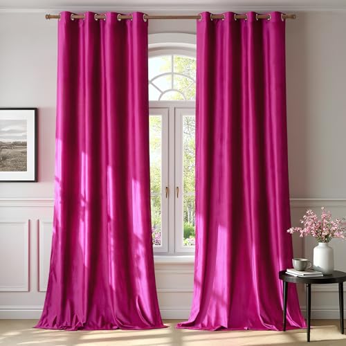 Image of BULBUL Living Room Polyester Velvet Window Curtains 84 inch Length- 2 Panels Hot Pink Blackout Window Drapes Curtain Thermal Insulated Room Darkening Decor Grommet Curtains for Bedroom