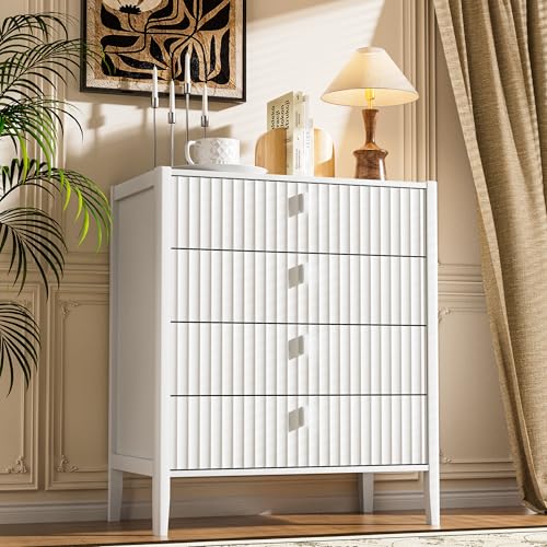 Image of Furniway White 4 Drawer Dresser, 31.5 inch Wide Modern Chest of Drawers with Fluted Front and Metal Handles, Storage Dresser for Bedroom, Living Room, or Entryway