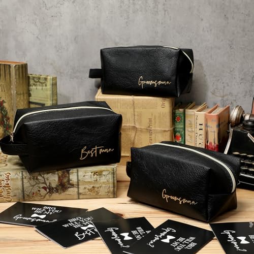 Amylove 7 Sets Man Gifts Men Toiletry Bag for Men Wedding Proposal Gift for Best Man PU Leather Cosmetic Bags with Zipper Bowknot Greeting Card Wedding Toiletries Accessories(Black)3