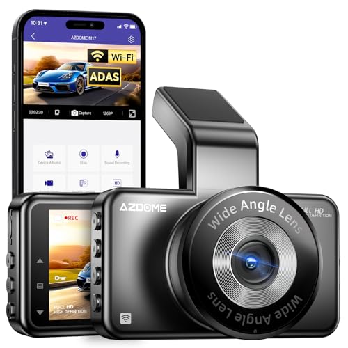 AZDOME Front WiFi Dash Cam 1296P HD with 3' LCD Screen, Dashboard Camera with 150° Wide Angle, Night Vision, ADAS, G-Sensor, Loop Recording, 24/7 Parking Mode, Supports 128GB SD Card (M17)