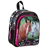 Pferde Fan Rucksack Kinderrucksack für Jungen und Mädchen (DER20) mit Hauptfach und Frontfach, 29 x 23 x 14 cm, schwarz/pink
