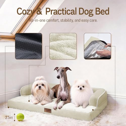Image of Comfort Expression Washable Orthopedic Dog Bed for Extra Large Sized Dogs | Waterproof Memory Foam Pet Bed 48x33 Inch with Removable Cover with Non-Slip & Bolster, Beige