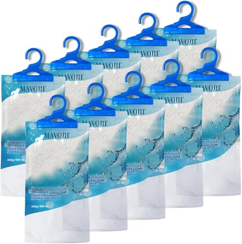 MAVORI Set 10 deumidificatori XL da appendere I deumidificatori a sacchetti I deumidificatore da armadio e assorbiumidità per ambienti contro umidità, muffe e odori I fino a 500ml per sacchetto