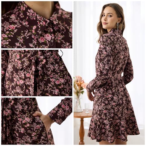 Image of Women's Long Sleeve Button Up Midi Belt Shift Collar Dress with Pockets for Work Office Business