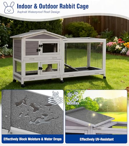 Large Rabbit Hutch Indoor, Bunny Cage Outdoor with Chew-Proof Ramp, 2-Story Guinea Pig Cages with 6 Wheels, 3 Pull-Out Trays, Waterproof Asphalt Roof, 62" L - Grey - Image 5