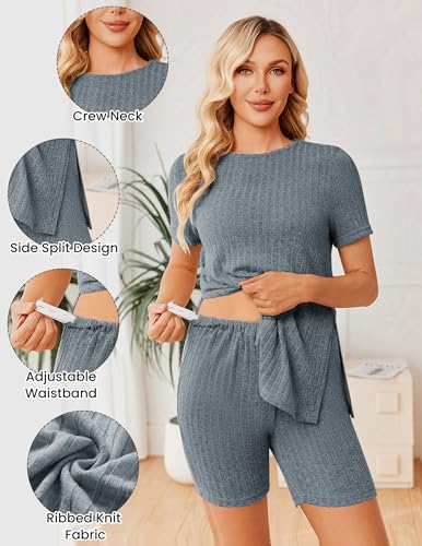Image of Ekouaer Maternity Sets 2 Piece Outfits Ribbed Knit Short Sleeve Shirts and Biker Shorts Pregnancy Loungewear Mama Clothes