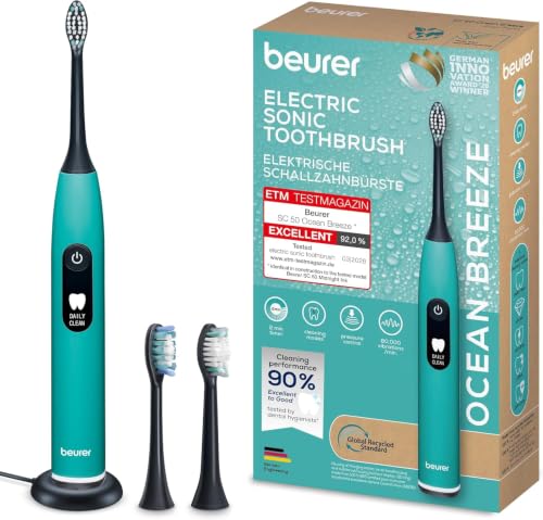 Beurer SC 50 Brosse à dents électrique sonique, avec 5 modes de brossage et capteur de pression, 80 000 oscillations, écran avec indicateur de durée de brossage, 2 têtes de brosse
