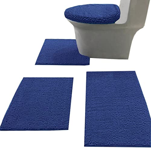 Madeals Bath Rug Set Combo 4 Piece With Toilet Lid Cover, Soft Shaggy Bath Rug Set 3 Piece And U-Shaped Toilet Floor Rug Navy Blue #TOP1