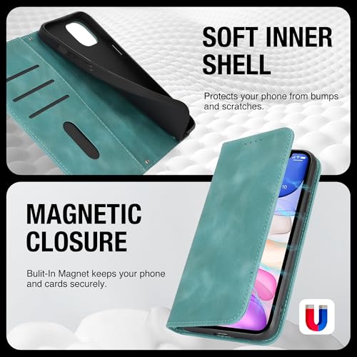 Housse iPhone 11 aimantée vert clair protégeant l'écran avec porte-carte