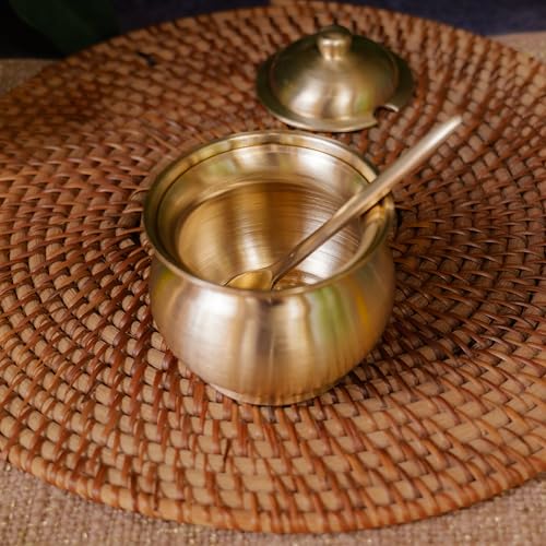 Image of Ambi Home Handmade Artisanal Pure Kansa Ghee Pot with Spoon | 100% Ayurvedic Metal Storage Jar with Lid | 200 ml Capacity | Traditional Artisanal Design | Golden Finish