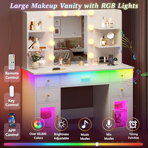 Image of Vanity Desk with Mirror and Lights, Charging Station, Makeup Vanity with 5 Drawers & 4 Open Storage Shelves, White Vanity Table with RGB Cabinets & Hairdryer Holder, Large Dressing Table for Women