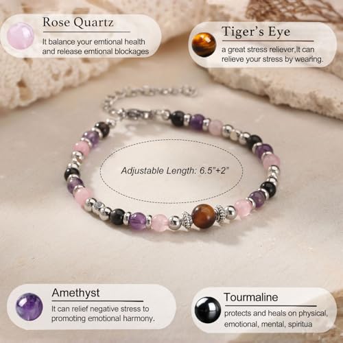 Image of Triple Threat Protection Anxiety Relief Gifts for Women,Natural Healing Crystal Bracelet Evil Eye Jewelry for Her Friends