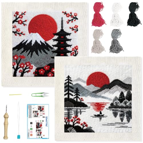 Image of BEUNITONE 2Set Punch Needle Kit with Frame for Adults Beginners, Japanese Style Needlepoint Crafts Kit for Adults, Complete Embroidery Starter Kits with Pre-print Pattern for Gift Home Decor 9.4 inchx9.4 inch
