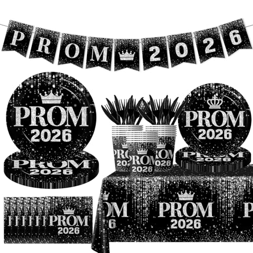 Prom Send Off Decorations 2026 Tableware, Silver Prom Decorations 2026 with Plates and Prom Napkins 2026, Black and Silver Prom Plates and Napkins Party Supplies for Class of 2025 Prom Party