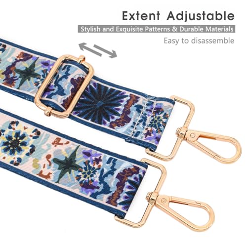 Image of Replacement Purse Strap Shoulder Strap Adjustable Crossbody Strap for Women Crossbody Wide Shoulder Bag, Blue Flowers-gold Hardware, 1.5 inches (width)