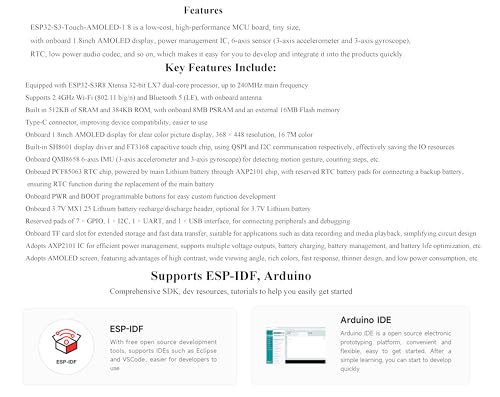 Image of ESP32-S3 1.8inch AMOLED Touch Display Development Board,Onboard Audio Codec | 32-bit LX7 Dual-Core Processor, 368x448 Pixels, Support Offline Speech Recognition and AI Speech Interaction