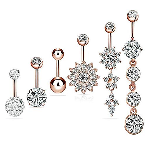 Meiwen2019 6 Piezas Piercing de Ombligo Botón Aro de Ombligo de Acero Inoxidable Piercing de Barra de Cuerpo, Plata y Oro Rosa pcirconitas cúbicas para Mujer y niña(6 Estilos) (Plata y Oro Rosa)