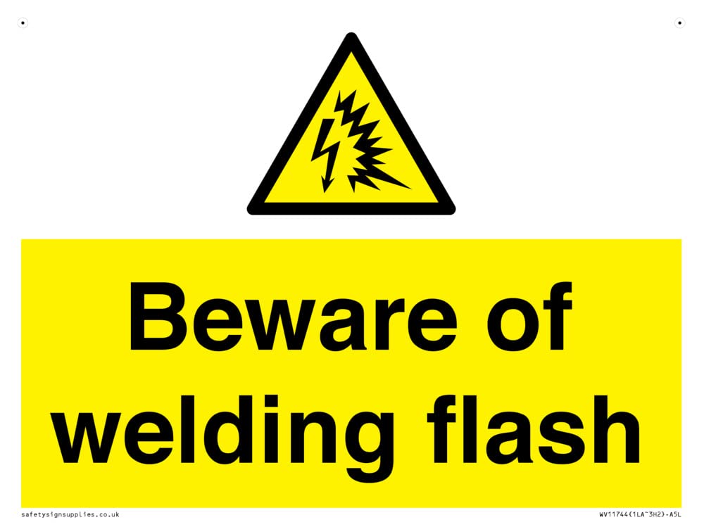 Beware of welding flash Sign - 200x150mm - A5L, Yellow/White