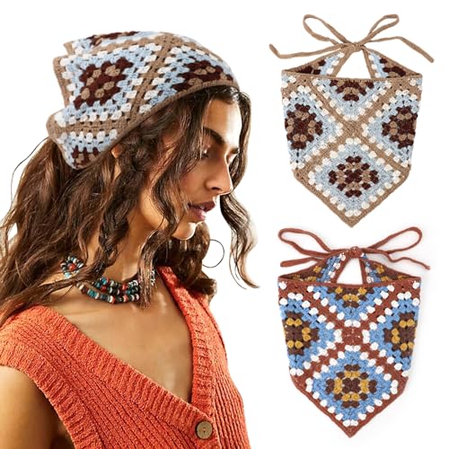 Lista de Pañuelos para Niña más recomendados. 44 DRESHOW - Pañuelo floral de ganchillo para el cabello con lazo y nudo para la cabeza clásico, pañuelo de punto para mujeres y niñas, 2 piezas florales (borgoña + caqui), Talla...