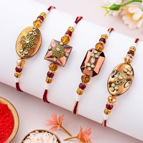 Image of To The Nines Rakhi for Brother with Tilak Material & Greeting Card - Pack of 4 Rakhi