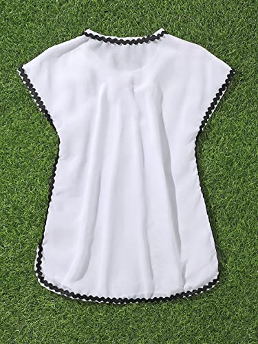 Image of Milumia Girl's Bowknot Mesh Coverups V Neck Ruffle Trim Swimsuit Cover Up White and Black 8 Years