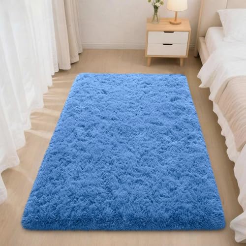 Blue Rugs for Bedroom, 2x3 Fluffy Area Rugs for Living Room, Soft Shag Kids Rug Small Carpet with 4 Non-Slip Rug Pads (Blue, 2ft x 3ft)