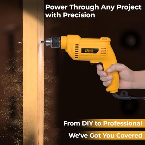 Image of Deli DL-DZ10-E3 500W Corded Electric Drill 0-3300RPM No-Load Speed 10mm Chuck Size 220-240V ~ 50 /60Hz Drilling Machine with Forward /Reverse Rotation & Switch Lock Function (Pack of 1, Yellow)