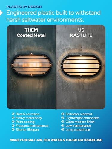 Image of KASTLITE Outdoor LED Bulkhead Light Fixture, 9.5W Energy Star 5000K Oval Wall Mount Nautical Lighting, Rust-Proof Polycarbonate Build for Wet Locations, Porch Patio Dock & Exterior Lights, FE102 /Black