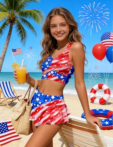 Image of Qaoerde Girls Swimsuit Tropical Print Bikini Set with Ruffle Hem Two Piece Criss Cross Bathing Suits for Girls 7-16 Years