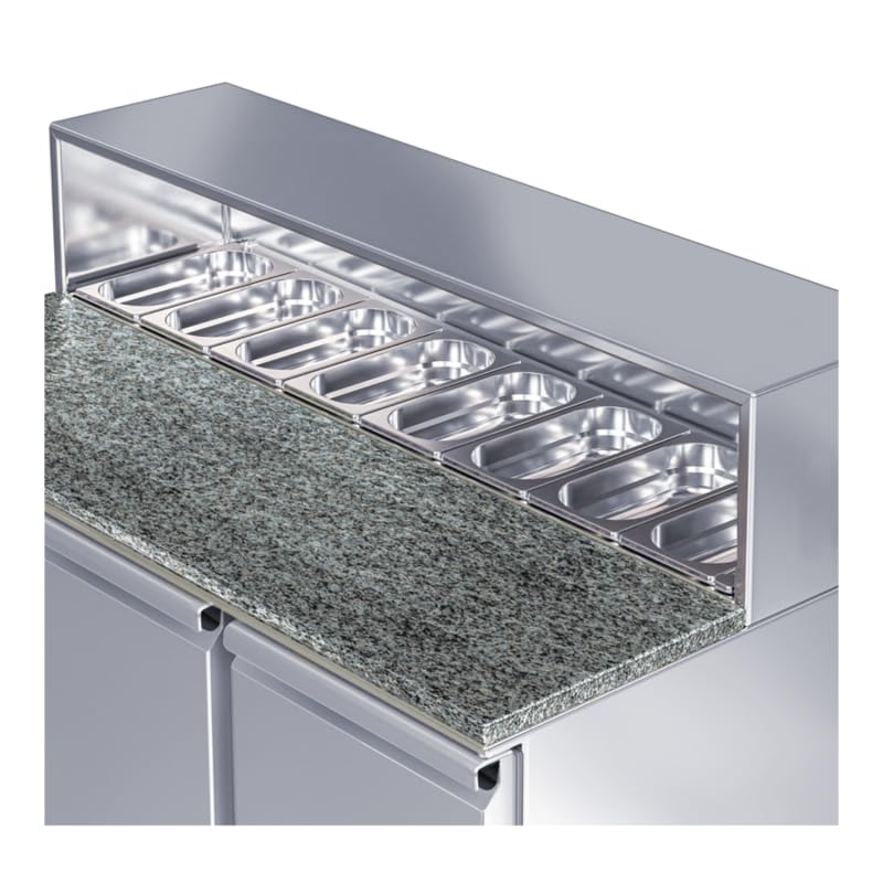 Torre de Pizza Refrigerada 3 Puertas – Encimera de Granito – Top con ingredientes GN 1/6 – 330L – Temperatura -2°/+8°C – Ideal para Pizzerías y Restauradores