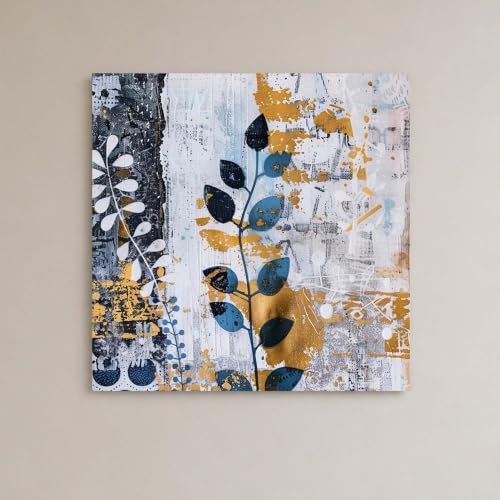 Image of Abstract Botanical Stretched Canvas Wall Art Painting for Living Room | Modern Floral Canvas Artwork Painting | Contemporary Decorative Wall Decor for Home & Office, 22x22 Inch