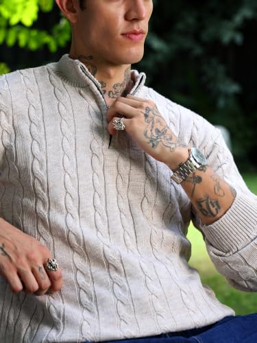 Image of Kvetoo Men's Wool High Neck Zipper Sweater, Full Sleeve Cable Knit Quarter Zip Winter Pullover