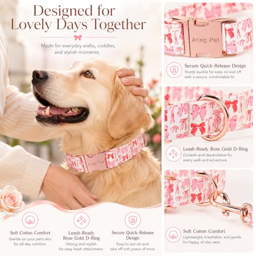 Image of ARING PET Girl Dog Collar for Puppy Small Medium Large Dogs-Pink Red Bow S | Cute Female Heavy Duty Pet Collars with Metal Buckle for XS S M L XL Dogs, for City Walk Coffee Shop Visits Birthday Parties