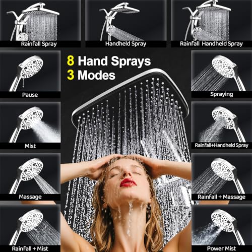 Rain Shower Head with Handheld High Pressure Rainfall Shower Heads with Handheld Spray Combo Adjustable one-piece Stand daul Shower Head Built-in Magnetic Docking and Power Jets（Sliver） view 5