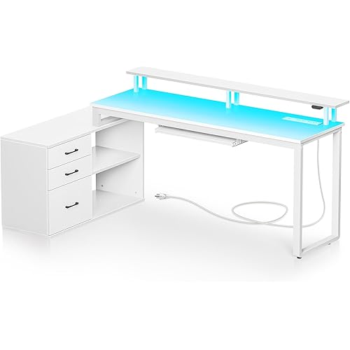 Rolanstar Computer Desk with File Drawer, 55.1" L Shaped Desk with Power Outlet & LED Lights,Home Office Desk with Monitor Stand & Keyboard Tray, Corner Study Writing Table with Storage,White
