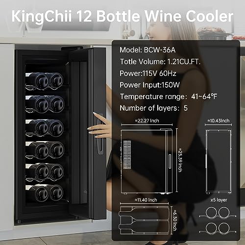 Image of KingChii 12 Bottle Thermoelectric Wine Cooler Refrigerator Advanced Cooling Technology, Stainless Steel & Tempered Glass For Red Wine, Champagne for Home, Kitchen, or Office
