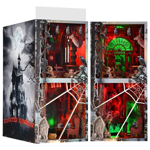 fifijoy Haunted House Halloween Book Nook Kit, Spooky Shelf Insert Bookshelf Diorama Horror Art Miniature Decor, Creepy Scary Wooden Puzzle Booknook (Haunted Mansion)