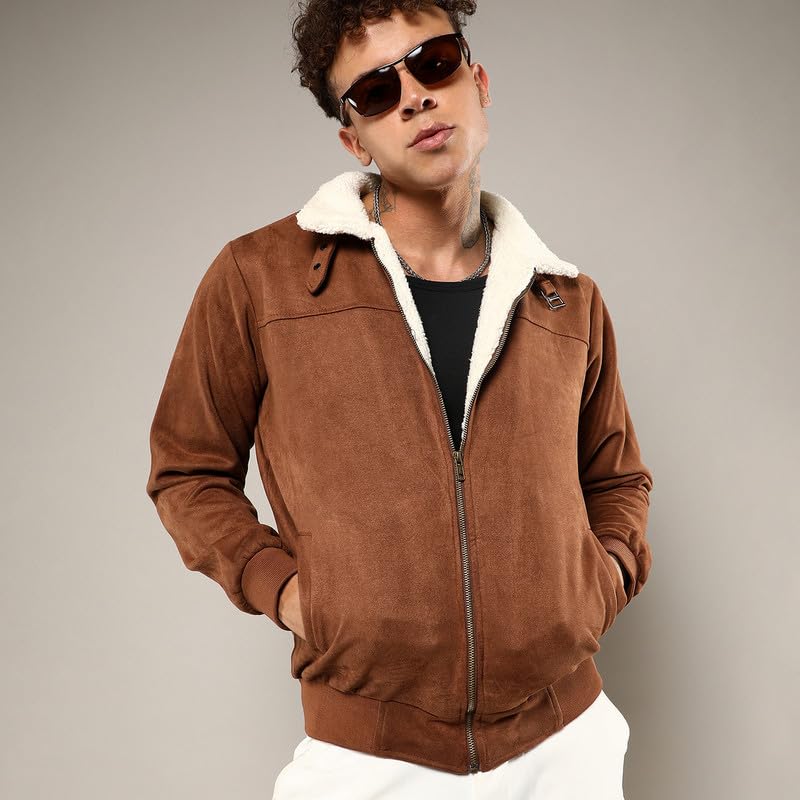 Image of CAHOOT Men's Brown Zip-Front Jacket With Fleece Detail For Casual Wear | Long Sleeve | High Neck | Zipper Closure | Suede Jacket Crafted With Comfort Fit For Everyday Wear