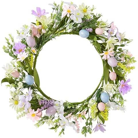 Wironlst Easter wreath18 inch Spring Door Wreath with Wild Flowers and Pastel Eggs Artificial Easter Decorations for Home Farmhouse Outdoor Indoor Window Wall Fireplaces Cover