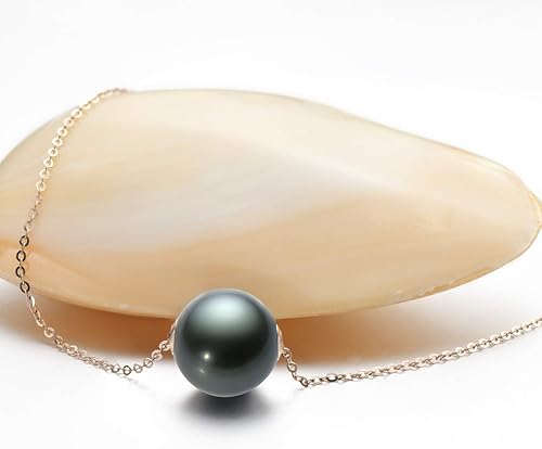 Miniatura 3 de 18K Gold Tahitian Black Pearl Necklace for Women, 10-11mm Tahitian Seawater Cultured Floating Single Pearl Pendant with Sterling Silver Chain