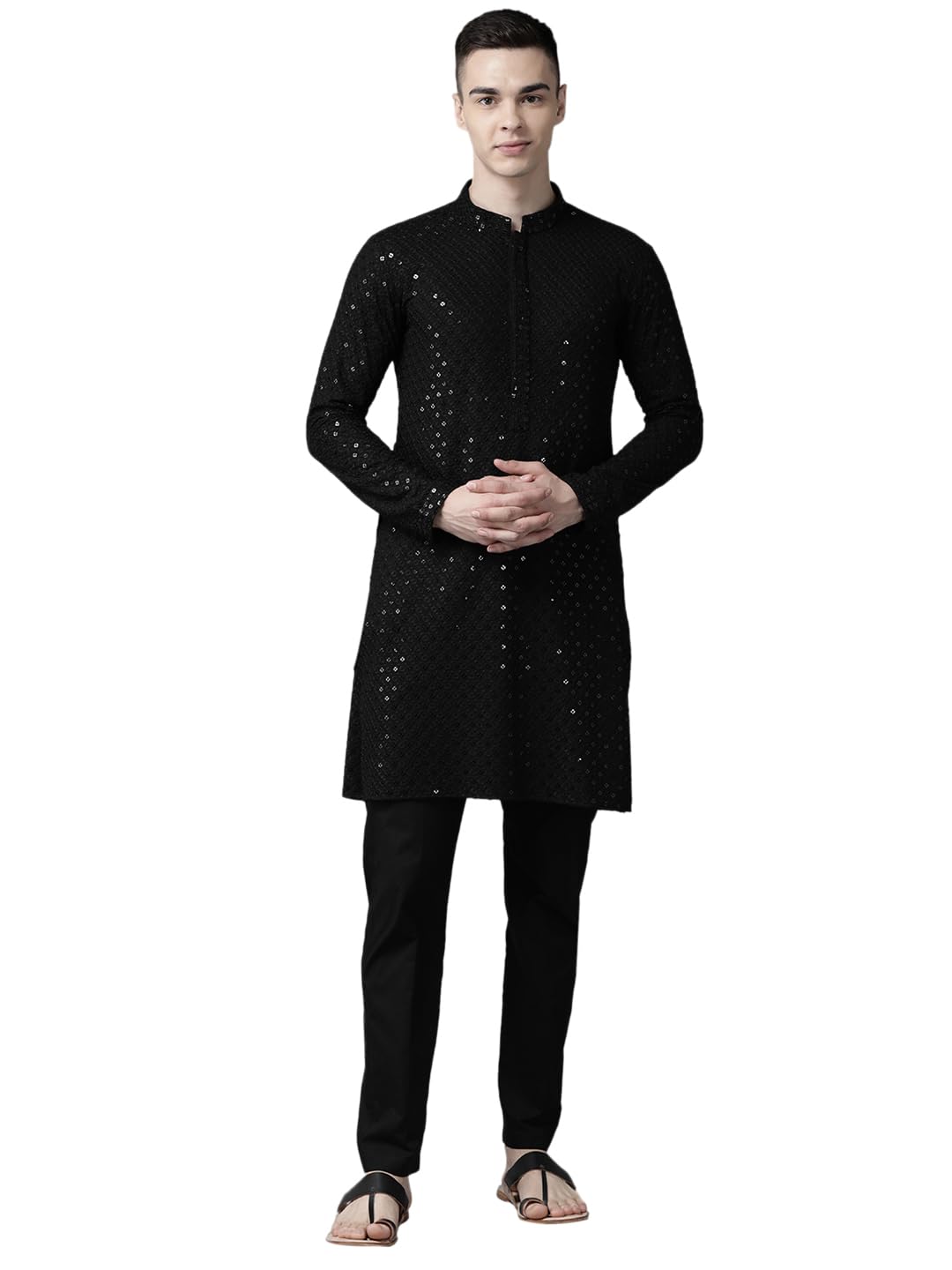 See Designs Mens Kurta | Specially Crafted And Designed For The Eid Festival Men Black Kurta Set Sequence Rayon Material | Sdekt129102Xs