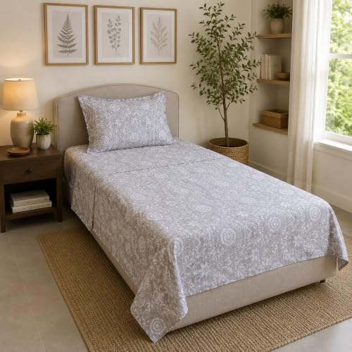 Image of Linen Home Cotton Percale Flat Bedsheet Set Single Size Damask Brown