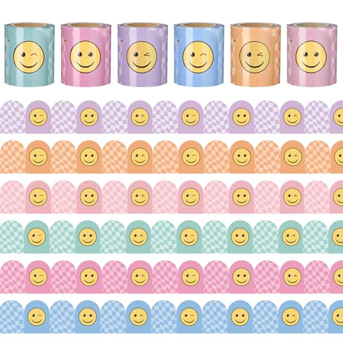 Image of Fuutreo 6 Roll 197 ft Pastel Smile Face Bulletin Board Borders Checkerboard Scalloped Wavy Classroom Border Trim Decoration for Back to School Chalkboard Door Wall Decor