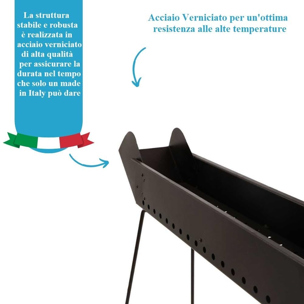 Paluplus Barbecue per Arrosticini in acciaio verniciato Nero, Misura 100x14x75 cm, Canaletta a 4 Gambe Pieghevoli, Grill a carbone per Spiedini con Fori di Ventilazione, Made in Italy -029